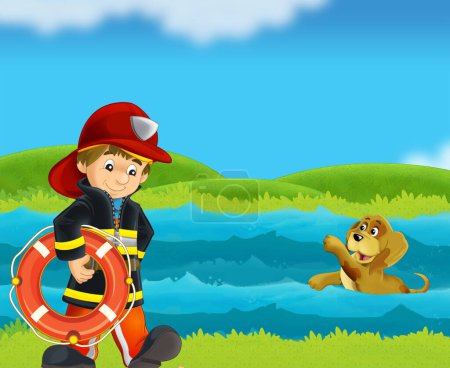 Téléchargez les photos : Scène de dessin animé avec pompier sauveteur récupérer chien de noyade dans rivière ruisseau illustration pour les enfants - en image libre de droit