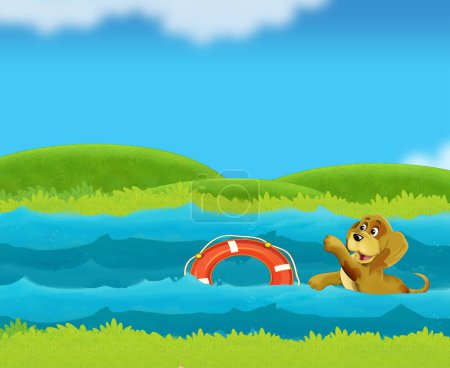 Foto de Escena de dibujos animados con perro mascota nadando o ahogándose en el arroyo o río con salvavidas ilustración para niños - Imagen libre de derechos