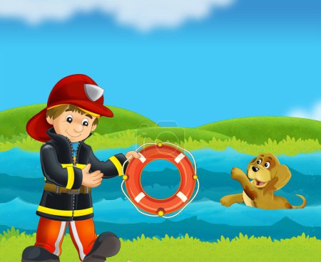cartoon scene with fireman lifeguard recuing dog from drowning in river stream illustration for kids