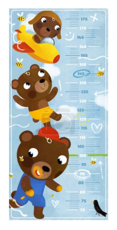 Photo for Cartoon scene with height measurement for kids with happy play scene with some animals friends happy togehter illustration - Royalty Free Image