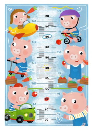 Foto de Escena de dibujos animados con medición de altura para niños con escena de juego feliz con algunos amigos animales ilustración feliz junto - Imagen libre de derechos