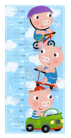 Photo for Cartoon scene with height measurement for kids with happy play scene with some animals friends happy togehter illustration - Royalty Free Image