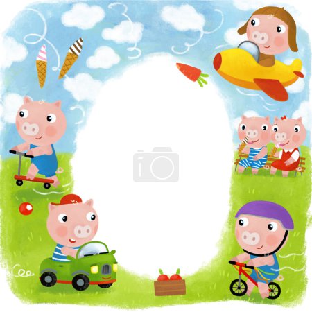 Foto de Dibujos animados escena de la infancia con animales felices amigos jugando juntos divertirse ilustración niños - Imagen libre de derechos