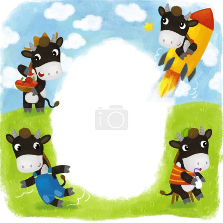 Foto de Dibujos animados escena de la infancia con animales felices amigos jugando juntos divertirse ilustración niños - Imagen libre de derechos