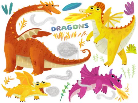Téléchargez les photos : Scène de dessin animé avec ensemble de dragons médiévaux et éléments de la nature sur fond blanc illustration pour les enfants - en image libre de droit
