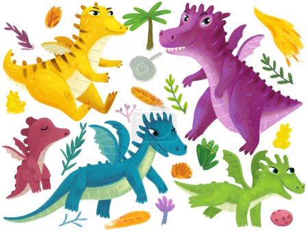 Téléchargez les photos : Scène de dessin animé avec ensemble de dragons médiévaux et éléments de la nature sur fond blanc illustration pour les enfants - en image libre de droit