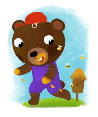 Téléchargez les photos : Scène de dessin animé avec l'ours fermier heureux ranch tenant miel manger illustration pour les enfants - en image libre de droit