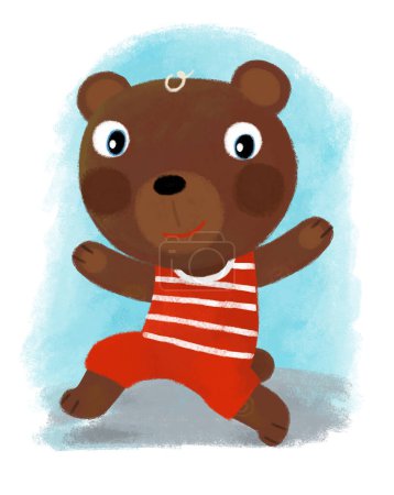 Foto de Escena de dibujos animados con niño oso granja corriendo sonriendo y mirando en traje de verano ilustración para niños - Imagen libre de derechos