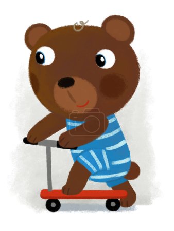 Téléchargez les photos : Scène de dessin animé avec ferme ours garçon enfant équitation sur scooter transport illustration pour les enfants - en image libre de droit