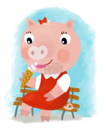 Photo for Cartoon scene with little piggy pig girl eating ice cream sitting on bench illustration for kids - Royalty Free Image