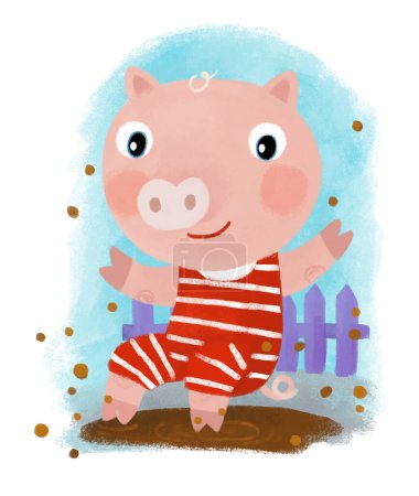 Photo for Cartoon scene with farm pig boy child running smiling and looking in summer outfit illustration for kids - Royalty Free Image