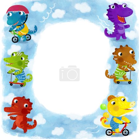 Photo for Cartoon scene with frame with dinos dinosaurs or dragons playing having fun on white background illustration for kids - Royalty Free Image