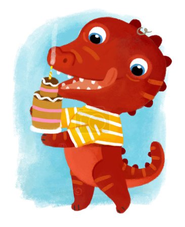 Téléchargez les photos : Scène de dessin animé avec dino dinosaure ou dragon jouer avoir du plaisir sur son anniversaire manger des bonbons illustration de fond blanc pour les enfants - en image libre de droit