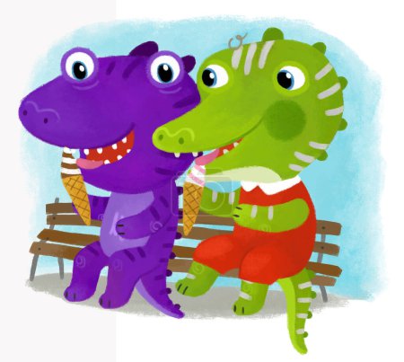 Téléchargez les photos : Scène de dessin animé avec dinos dinosaures ou dragons jouer à s'amuser sur un banc dans le parc sur fond blanc illustration pour les enfants - en image libre de droit