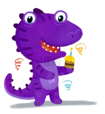 Téléchargez les photos : Scène de dessin animé avec dino dinosaure ou dragon jouer avoir du plaisir sur son anniversaire manger des bonbons illustration de fond blanc pour les enfants - en image libre de droit