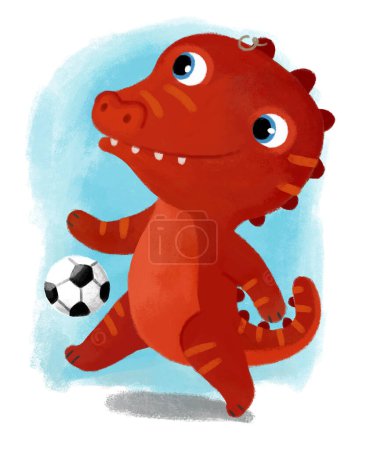 Téléchargez les photos : Scène de dessin animé avec dino dinosaure ou dragon jouer à s'amuser en donnant des coups de pied football football sur fond blanc illustration pour les enfants - en image libre de droit