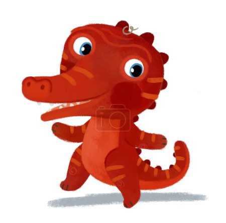 Foto de Escena de dibujos animados con dinosaurio dino o dragón jugando a divertirse en la ilustración de fondo blanco para niños - Imagen libre de derechos