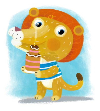 Photo for Cartoon scene with happy little boy lion cat cooking or having birthday cake having fun on white background illustration for kids - Royalty Free Image