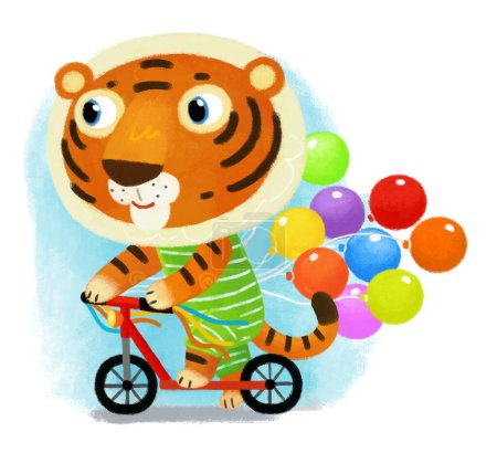 Téléchargez les photos : Scène de dessin animé avec heureux petit garçon tigre chat s'amuser scooter équitation sur fond blanc illustration pour les enfants - en image libre de droit