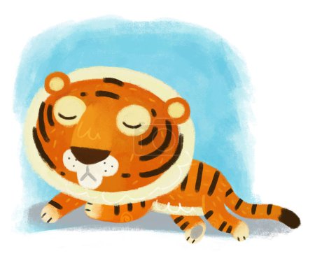 Téléchargez les photos : Scène de dessin animé avec heureux petit garçon tigre chat s'amuser sur fond blanc illustration pour les enfants - en image libre de droit