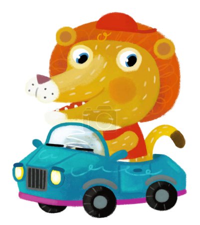 Téléchargez les photos : Scène de dessin animé avec heureux petit garçon lion chat avoir plaisir à conduire le transport de voiture sur fond blanc illustration pour les enfants - en image libre de droit