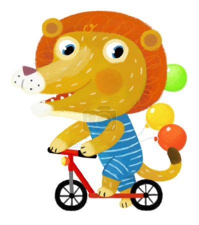 Téléchargez les photos : Scène de dessin animé avec heureux petit garçon lion chat équitation scooter s'amuser sur fond blanc illustration pour les enfants - en image libre de droit