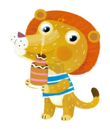 Téléchargez les photos : Scène de dessin animé avec heureux petit garçon lion chat cuisine ou avoir gâteau d'anniversaire s'amuser sur fond blanc illustration pour les enfants - en image libre de droit