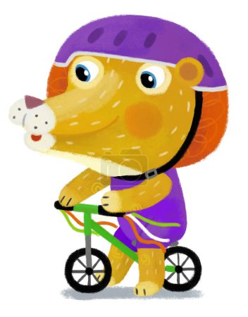 Téléchargez les photos : Scène de dessin animé avec heureux petit garçon lion chat équitation sur un vélo avoir du plaisir sur fond blanc illustration pour les enfants - en image libre de droit