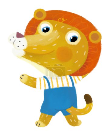 Téléchargez les photos : Scène de dessin animé avec heureux petit garçon lion chat s'amuser sur fond blanc illustration pour les enfants - en image libre de droit