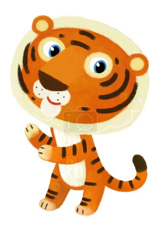 Foto de Escena de dibujos animados con gato tigre niño feliz divertirse sobre fondo blanco ilustración para niños - Imagen libre de derechos