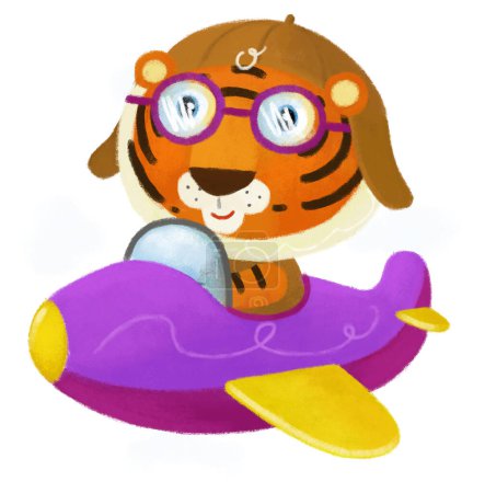 Téléchargez les photos : Scène de dessin animé avec heureux petit garçon tigre chat pilote s'amuser voler dans l'avion sur fond blanc illustration pour les enfants - en image libre de droit