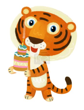 Photo for Cartoon scene with happy little boy tiger cat having fun cooking or eating birthday cake on white background illustration for kids - Royalty Free Image