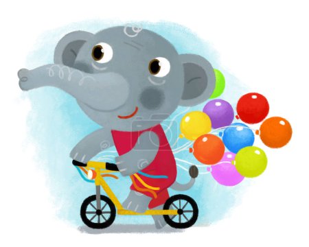 Foto de Escena de dibujos animados con el elefante del niño feliz que se divierte montando la vespa en la ilustración blanca del fondo para los niños - Imagen libre de derechos