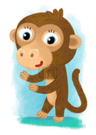Foto de Escena de dibujos animados con mono animal salvaje mono haciendo cosas como humanos sobre fondo blanco ilustración para niños - Imagen libre de derechos
