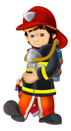 dibujos animados bombero feliz y divertido con extintor apagar el fuego ilustración aislada para los niños