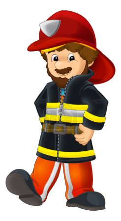 cartoon happy and funny fireman with extinguisher putting out the fire isolated illustration for kids