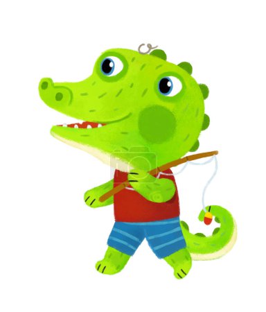 Téléchargez les photos : Scène de dessin animé avec des animaux sauvages crocodile alligator faire des choses comme l'homme sur fond blanc illustration pour les enfants - en image libre de droit