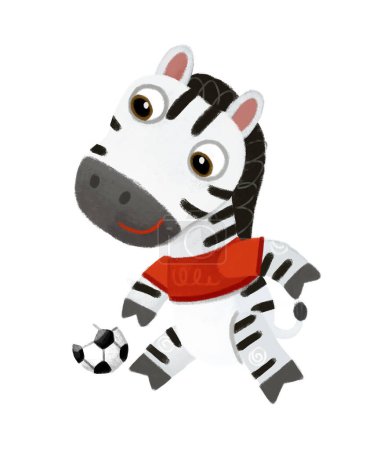 Foto de Escena de dibujos animados con animal salvaje caballo de cebra corriendo con pelota, fútbol fútbol como humano sobre fondo blanco ilustración para niños - Imagen libre de derechos