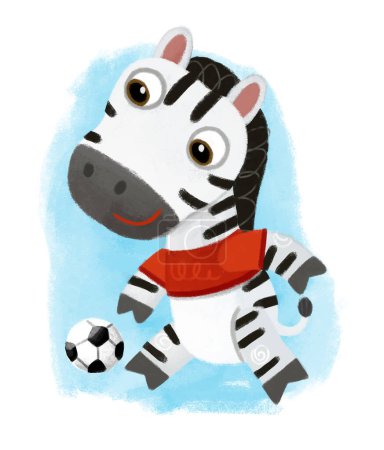 Foto de Escena de dibujos animados con animal salvaje caballo de cebra corriendo con pelota, fútbol fútbol como humano sobre fondo blanco ilustración para niños - Imagen libre de derechos