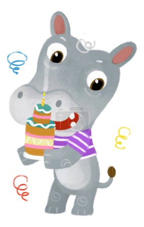 Téléchargez les photos : Scène de dessin animé avec heureux petit garçon hippopotame hippopotame avoir plaisir à cuisiner ou manger des bonbons gâteau sur fond blanc illustration pour les enfants - en image libre de droit