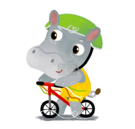 Téléchargez les photos : Scène de dessin animé avec heureux petit garçon hippopotame hippopotame s'amuser à cheval scooter sur fond blanc illustration pour les enfants - en image libre de droit