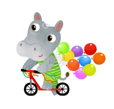 Photo for Cartoon scene with happy little boy hippo hippopotamus having fun riding scooter on white background illustration for kids - Royalty Free Image
