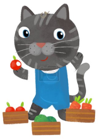 Foto de Escena de dibujos animados con gato rancho feliz granjero celebración cesta llena de manzanas ilustración para niños - Imagen libre de derechos