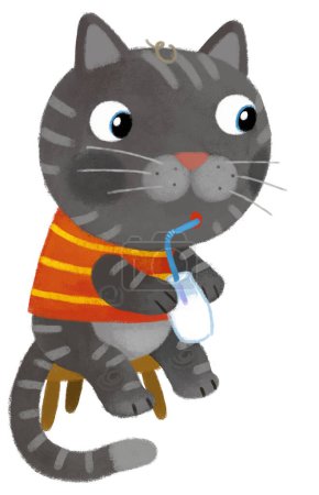 Téléchargez les photos : Scène de dessin animé avec chaton heureux chat assis dans les dungarees et de boire du lait illustration pour les enfants - en image libre de droit