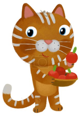 Téléchargez les photos : Scène de dessin animé avec chat heureux chaton manger des pommes fruits nourriture de la bol illustration pour enfants - en image libre de droit