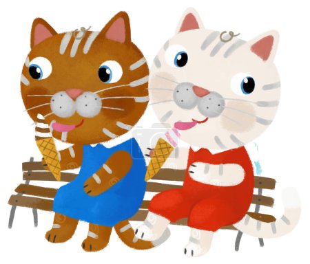 Foto de Escena de dibujos animados con amigos gato pasar tiempo juntos divirtiéndose sentado en el banco comiendo helado y hablando ilustración para niños - Imagen libre de derechos
