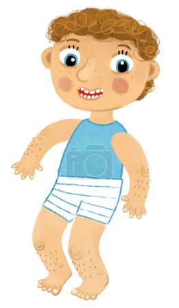 cartoon scene with young boy as anatomy model of body parts on white background illustration for kids