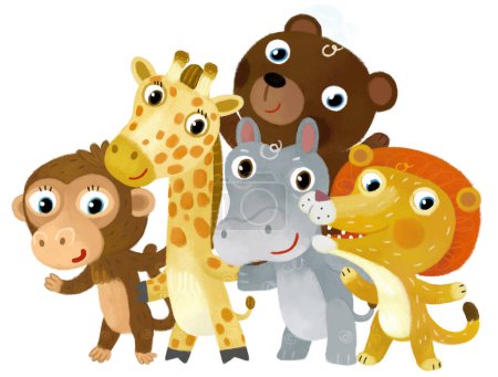 Foto de Escena del zoológico de dibujos animados con animales del zoológico amigos juntos en el parque de atracciones sobre fondo blanco con espacio para la ilustración de texto para niños - Imagen libre de derechos