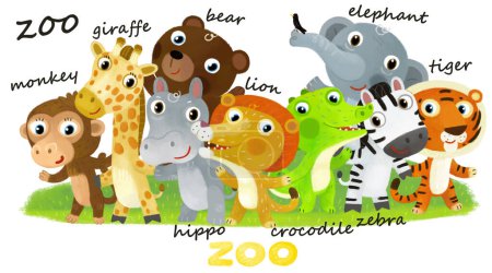 Téléchargez les photos : Scène de zoo de bande dessinée avec des amis animaux de zoo ensemble dans un parc d'attractions sur fond blanc avec espace pour l'illustration de texte pour les enfants - en image libre de droit