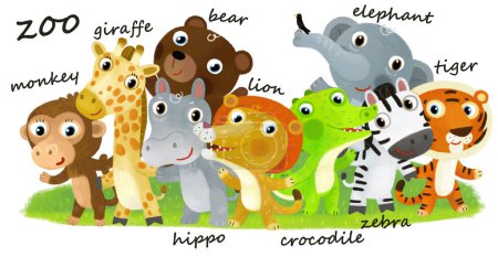 Téléchargez les photos : Scène de zoo de bande dessinée avec des amis animaux de zoo ensemble dans un parc d'attractions sur fond blanc avec espace pour l'illustration de texte pour les enfants - en image libre de droit